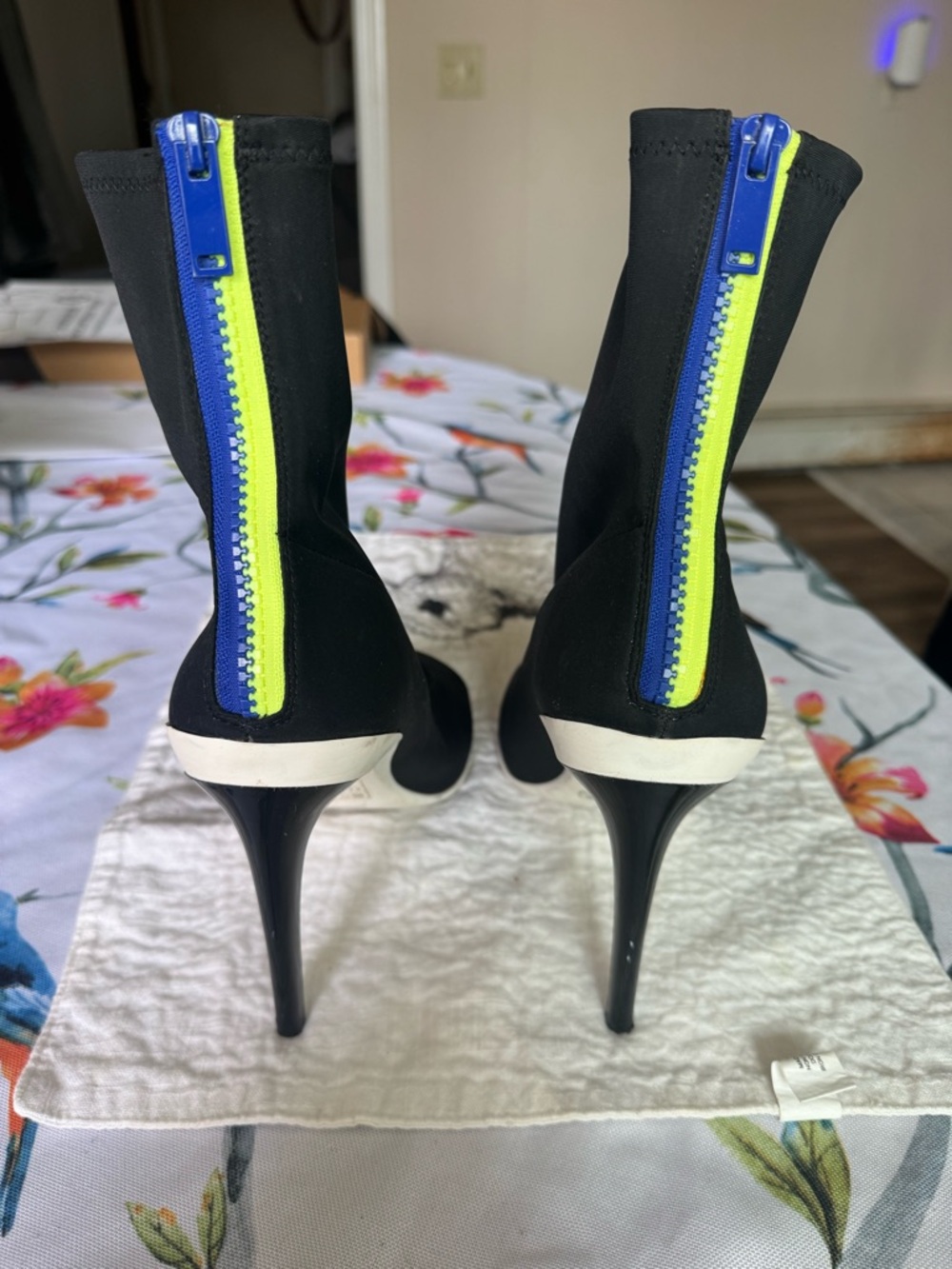 Aldo Black Sock Stiletto Boots with Neon Yellow and Blue Zipper